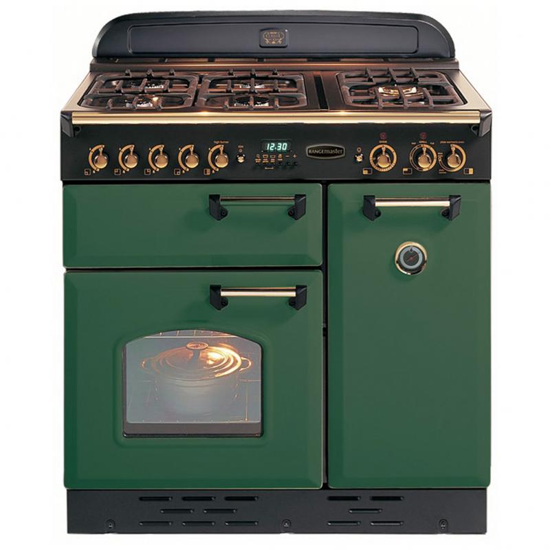 Rangemaster 72690 90cm CLASSIC Dual Fuel Range Cooker Green Brass Trim